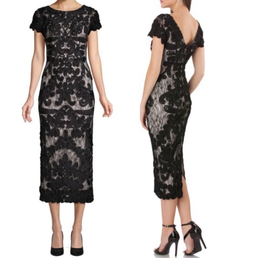 JS COLLECTIONS Soutache Lace Midi Sheath Dress in Black /Vanilla Size 10
